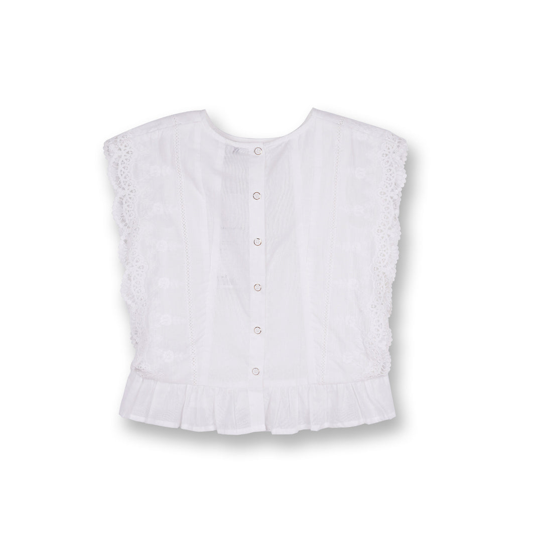 Poney Girls White Cotton Jacquard Broderie Anglaise Sleeveless Blouse