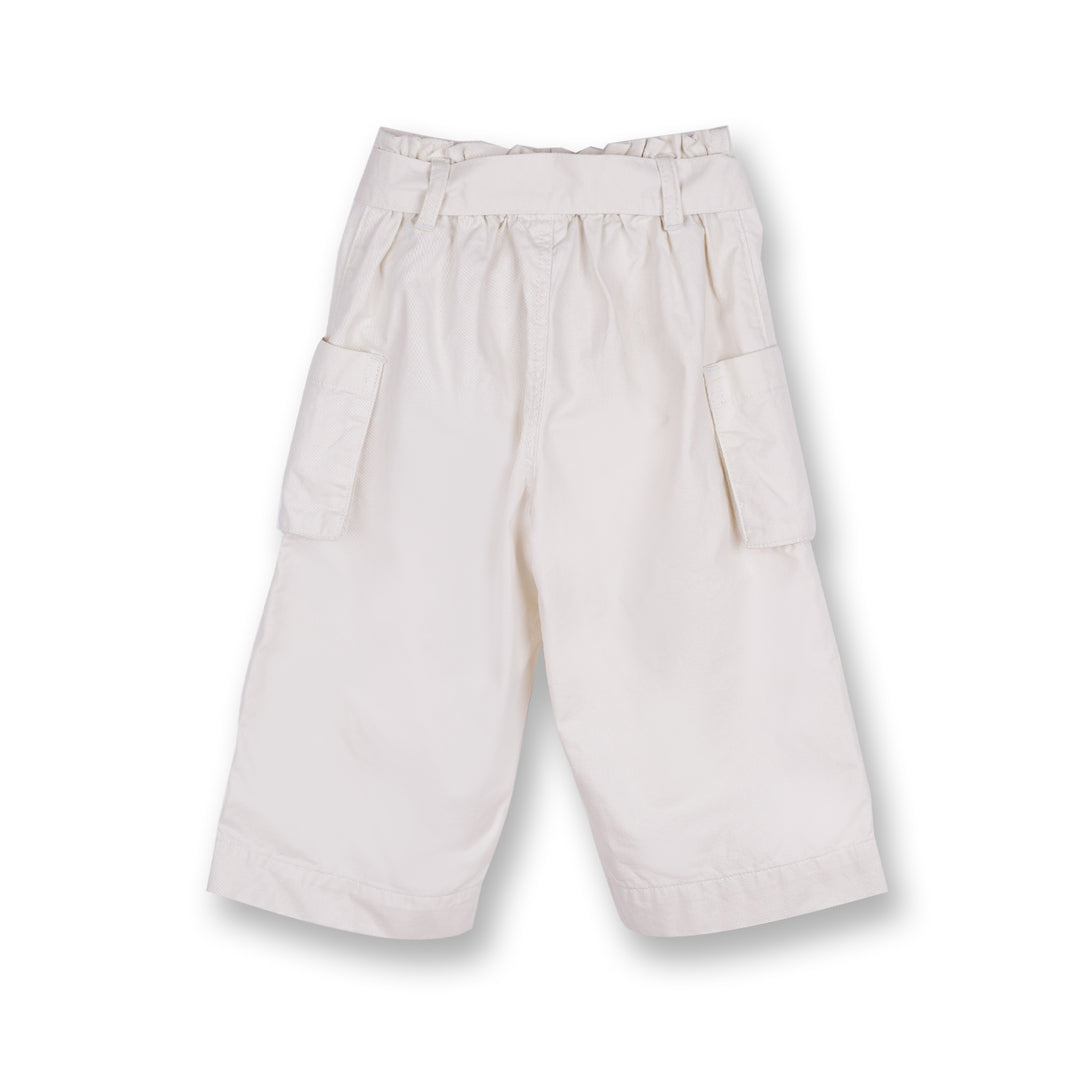 Poney Girls White Cotton Jacquard Trousers with Belt Details