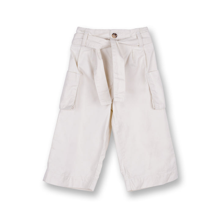 Poney Girls White Cotton Jacquard Trousers with Belt Details