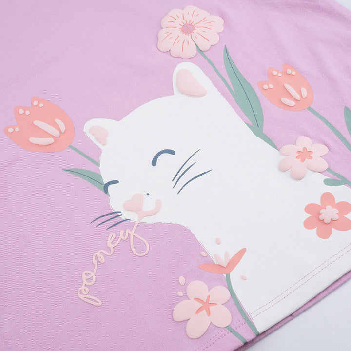 Poney Girls Light Purple Flowery Cat Long Sleeve Tee