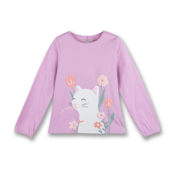 Poney Girls Light Purple Flowery Cat Long Sleeve Tee