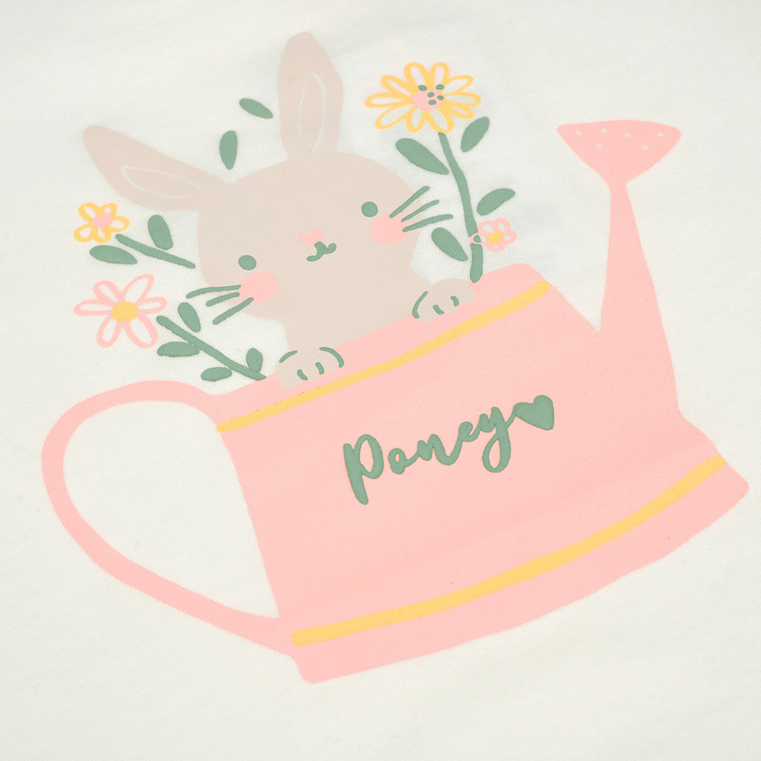 Poney Girls White Bunny in Watering Pot Short Sleeve Tee