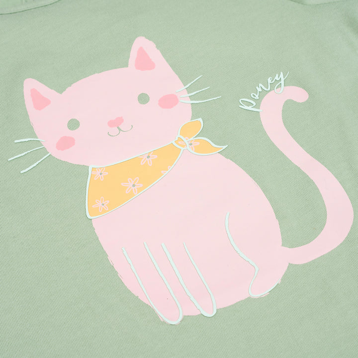 Poney Girls Green Fancy Scarf Kitty Short Sleeve Tee