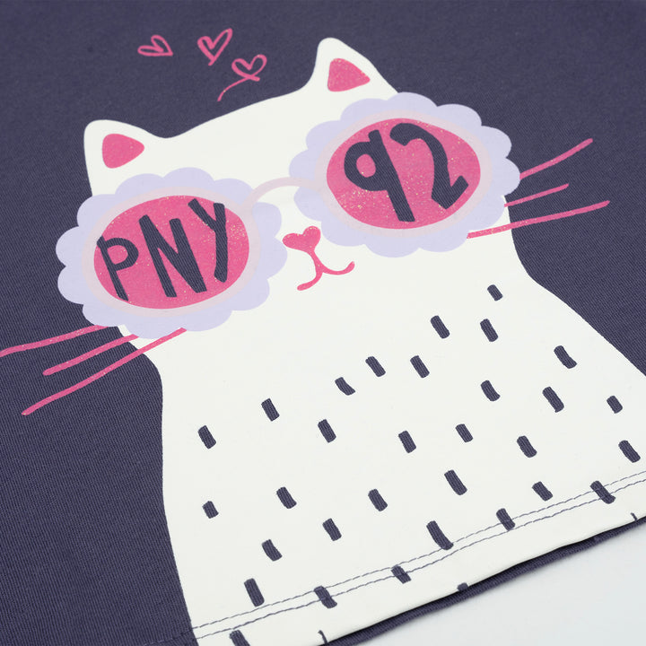 Poney Girls Navy Whitey Lovely Cat Short Sleeve Tee