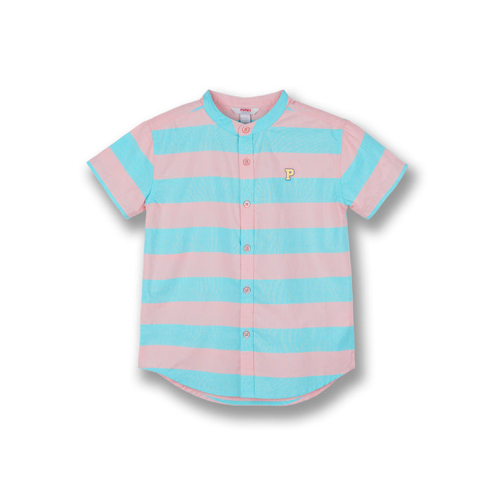 Poney Boys Turquoise Contrast Fun Striped Short Sleeve Shirt