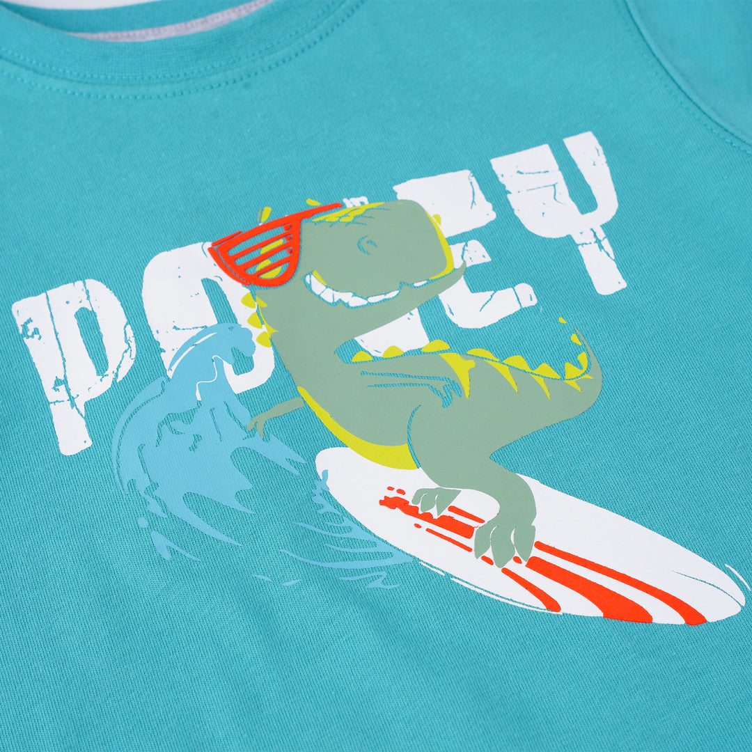 Poney Boys Green Let's Surf With Dino Short Sleeve Tee