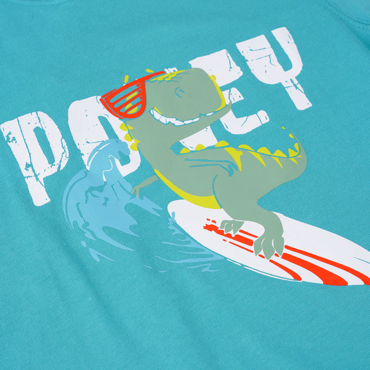 Poney Boys Green Let's Surf With Dino Short Sleeve Tee