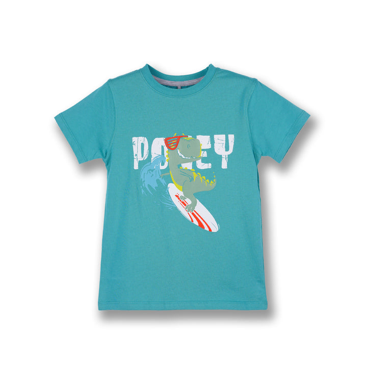 Poney Boys Green Let's Surf With Dino Short Sleeve Tee