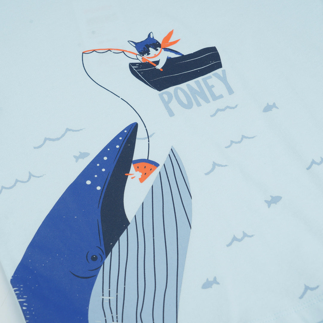 Poney Boys Light Blue Fishing With Kitty Cat Short Sleeve Tee