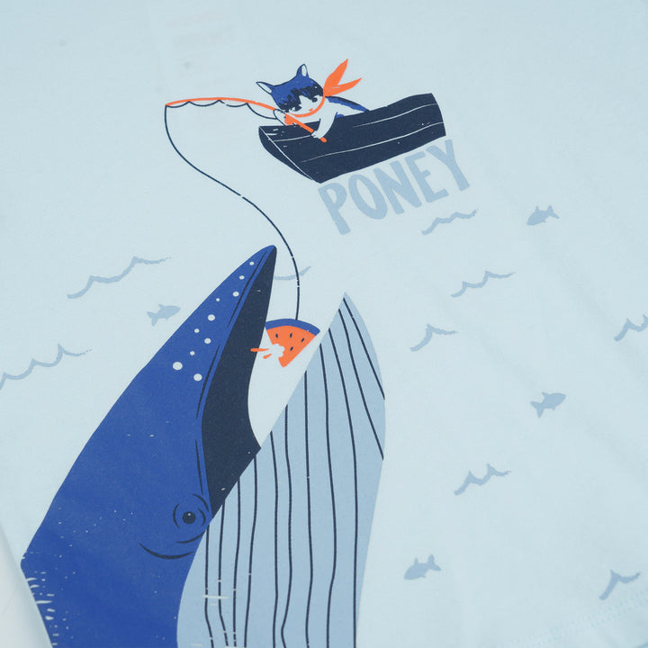 Poney Boys Light Blue Fishing With Kitty Cat Short Sleeve Tee