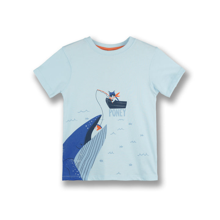 Poney Boys Light Blue Fishing With Kitty Cat Short Sleeve Tee