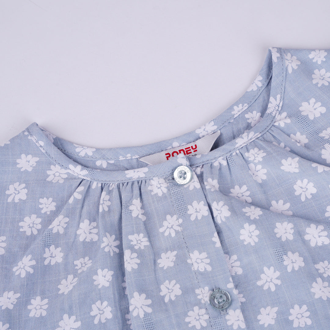 Poney Girls Light Blue White Floral Printed Long Sleeve Blouse