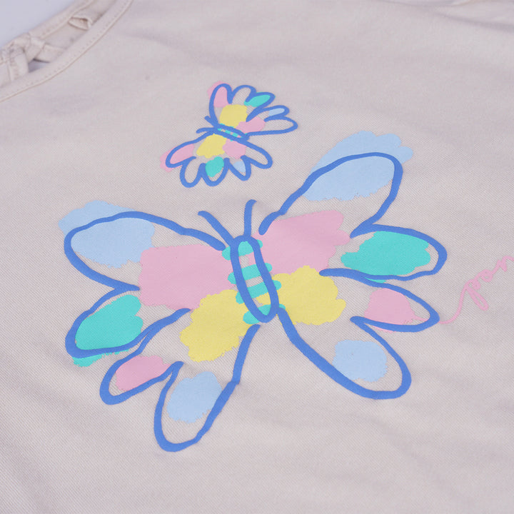 Poney Girls Beige Fluttering Butterflies Short Sleeve Tee