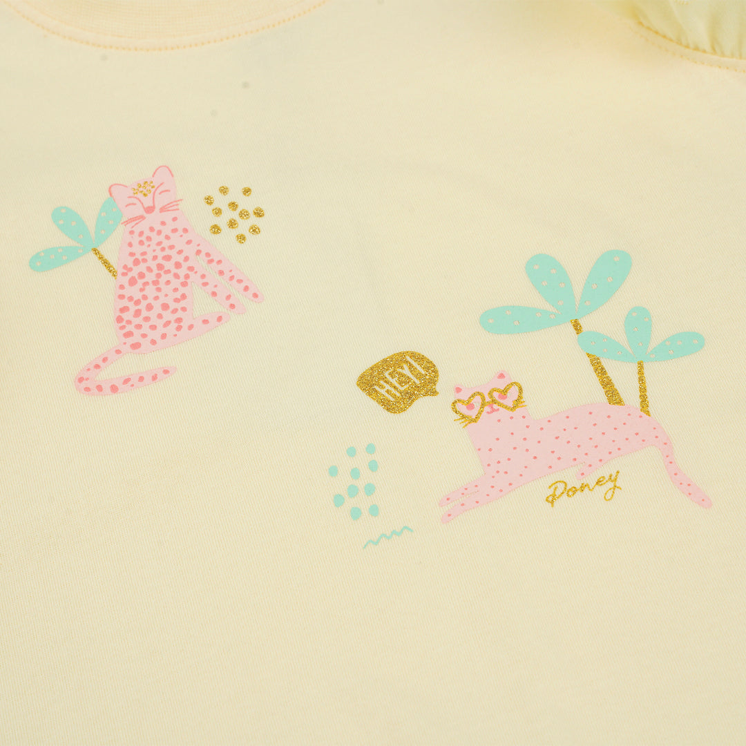 Poney Girls Light Yellow Cutie Kitties Ruffled Short Sleeve Tee