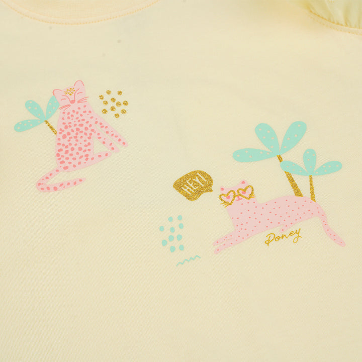 Poney Girls Light Yellow Cutie Kitties Ruffled Short Sleeve Tee