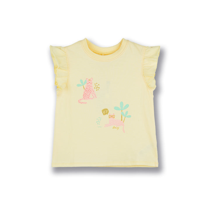 Poney Girls Light Yellow Cutie Kitties Ruffled Short Sleeve Tee