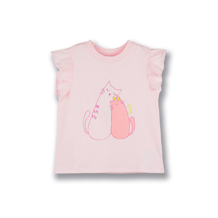 Poney Girls Light Pink Hugging Kitties Ruffled Short Sleeve Tee