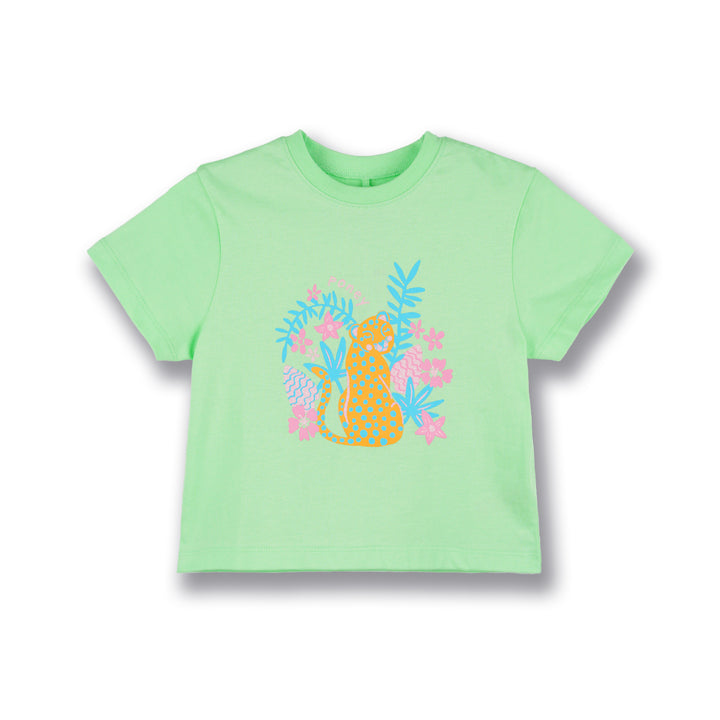 Poney Girls Green Tropical Cheetah Short Sleeve Tee