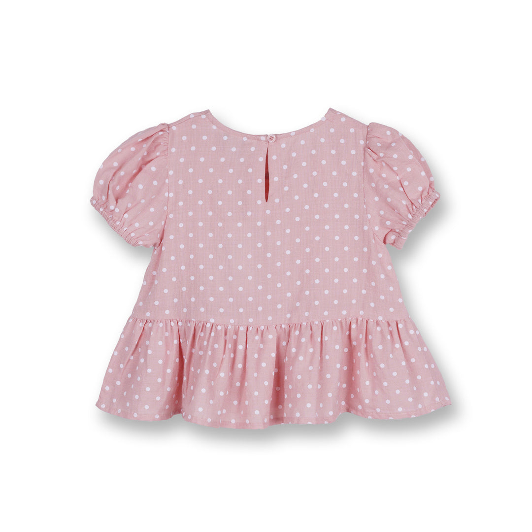 Poney Girls Light Pink Polka Puff Short Sleeve Blouse