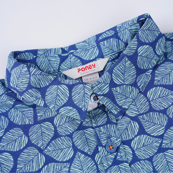 Poney Boys Blue Summery Canton Leaves Short Sleeve Shirt