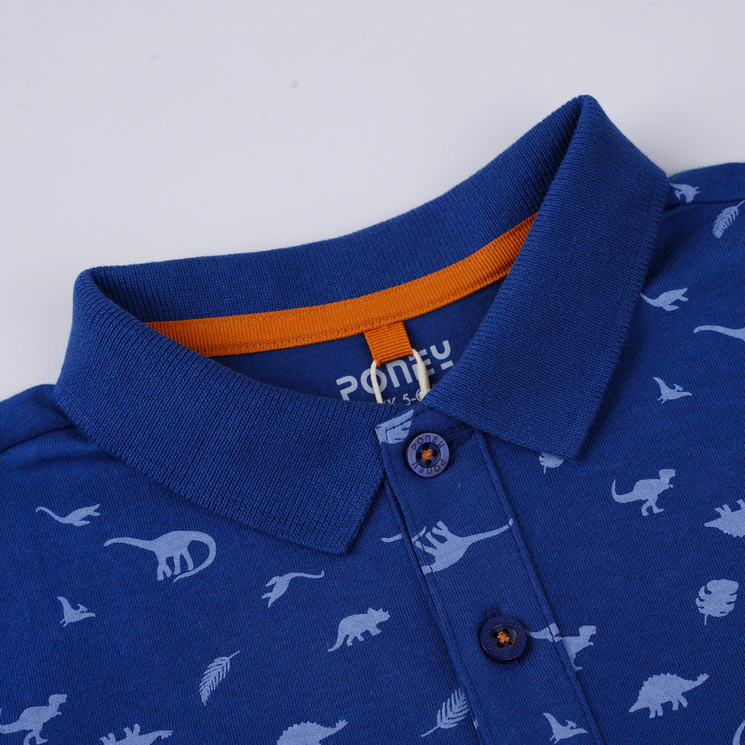 Poney Boys Navy Rain Washed Dinosaur Short Sleeve Polo