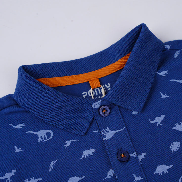 Poney Boys Navy Rain Washed Dinosaur Short Sleeve Polo