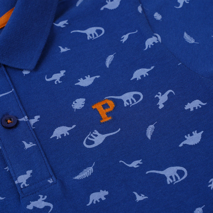 Poney Boys Navy Rain Washed Dinosaur Short Sleeve Polo