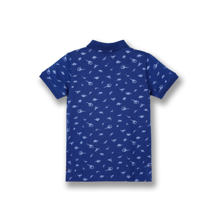 Poney Boys Navy Rain Washed Dinosaur Short Sleeve Polo