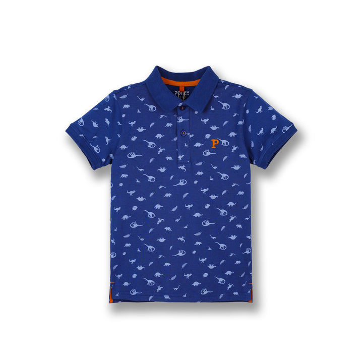 Poney Boys Navy Rain Washed Dinosaur Short Sleeve Polo
