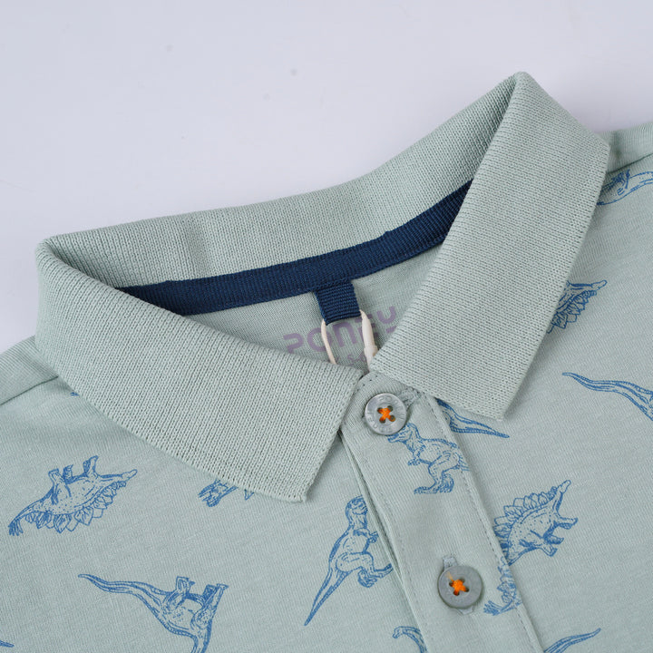 Poney Boys Light Green Frosty Dinosaur Short Sleeve Polo