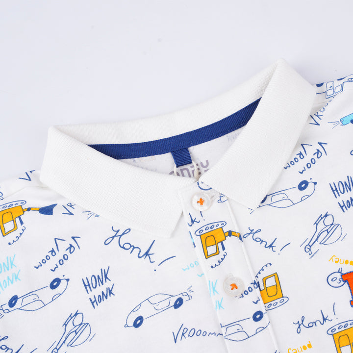 Poney Boys White Vroom Vroom Short Sleeve Polo