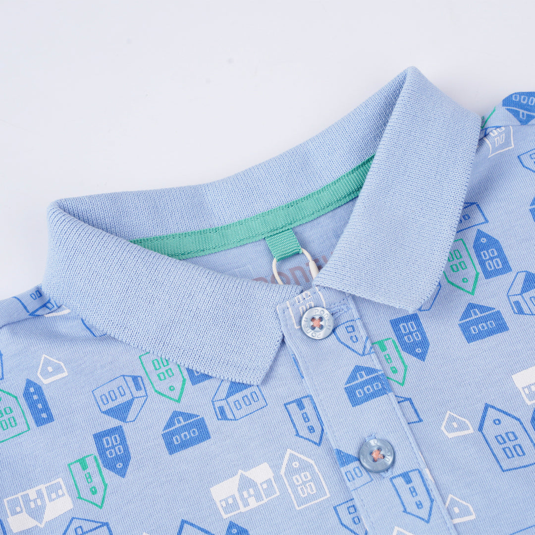 Poney Boys Light Blue Cartoon House Short Sleeve Polo
