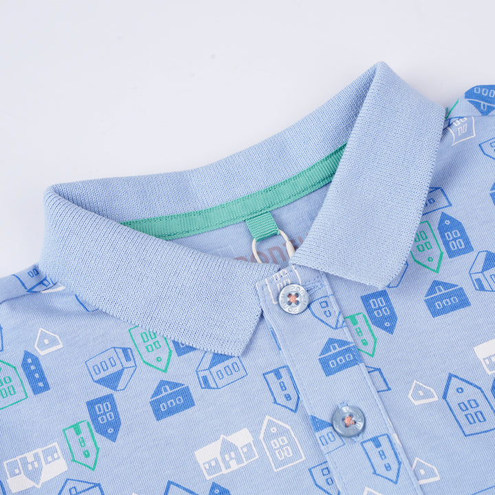Poney Boys Light Blue Cartoon House Short Sleeve Polo