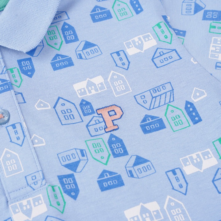 Poney Boys Light Blue Cartoon House Short Sleeve Polo