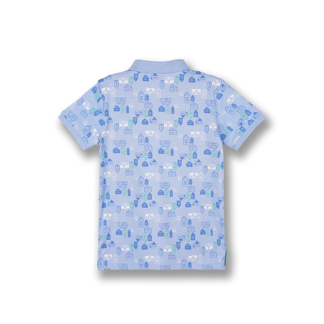Poney Boys Light Blue Cartoon House Short Sleeve Polo