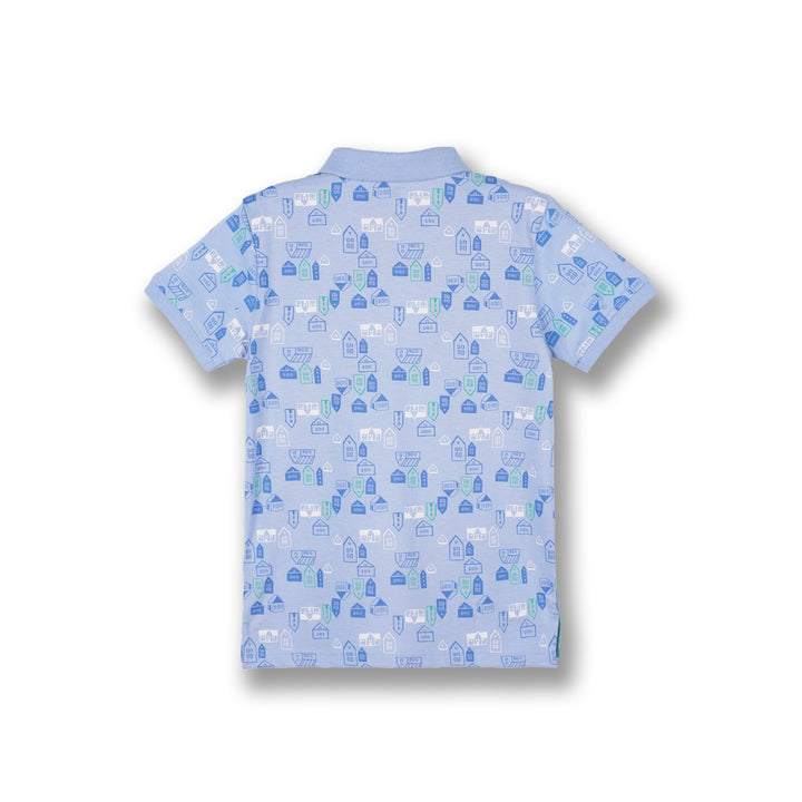Poney Boys Light Blue Cartoon House Short Sleeve Polo