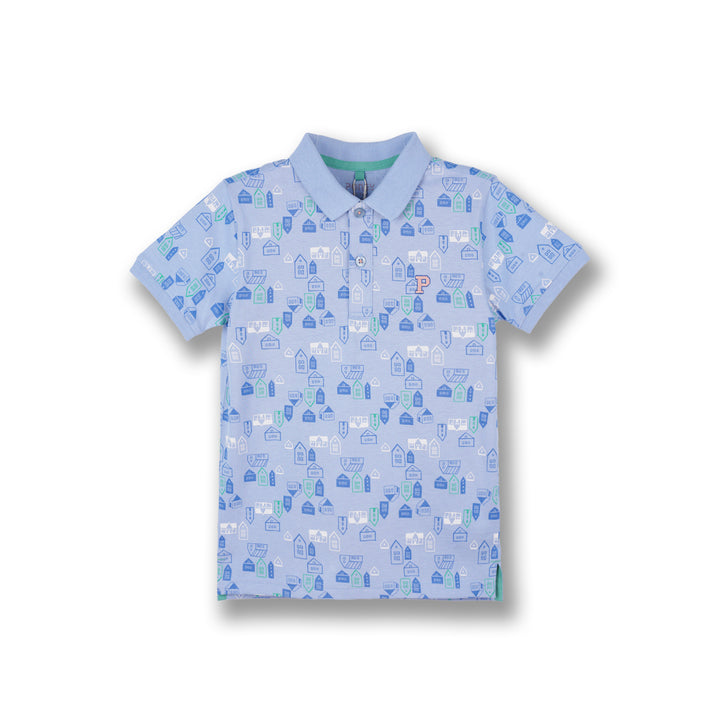 Poney Boys Light Blue Cartoon House Short Sleeve Polo