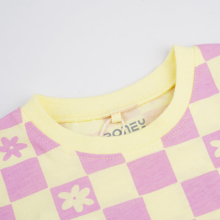 Poney Girls Yellow Chherful Checks Short Sleeve Tee