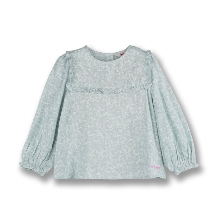 Poney Girls Mist Green Ruffled Long Sleeve Blouse