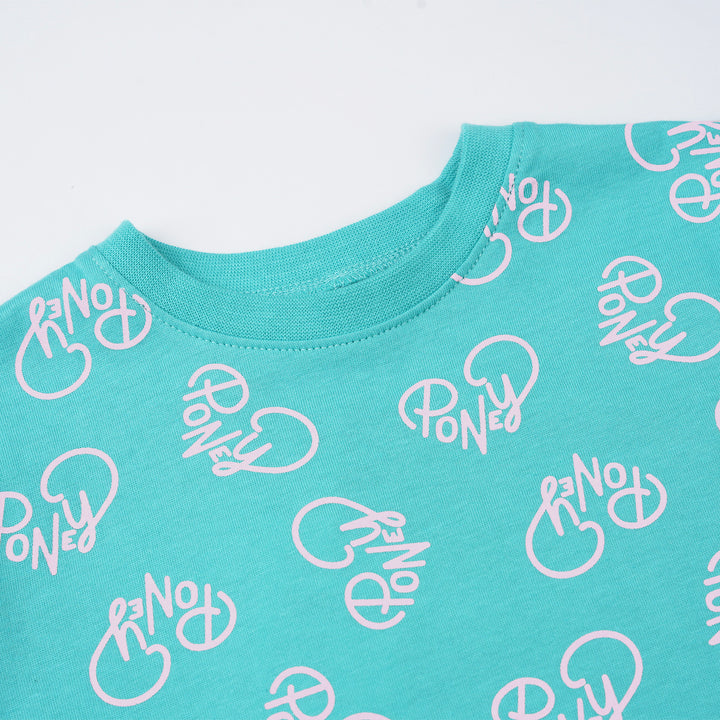 Poney Girls Turquoise Love Poney Logo Short Sleeve Tee