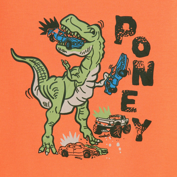 Poney Boy Dinosaur Attacking Trucks Orange Short Sleeve Tee
