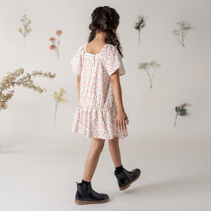Poney Girls White Floral Printed Dress