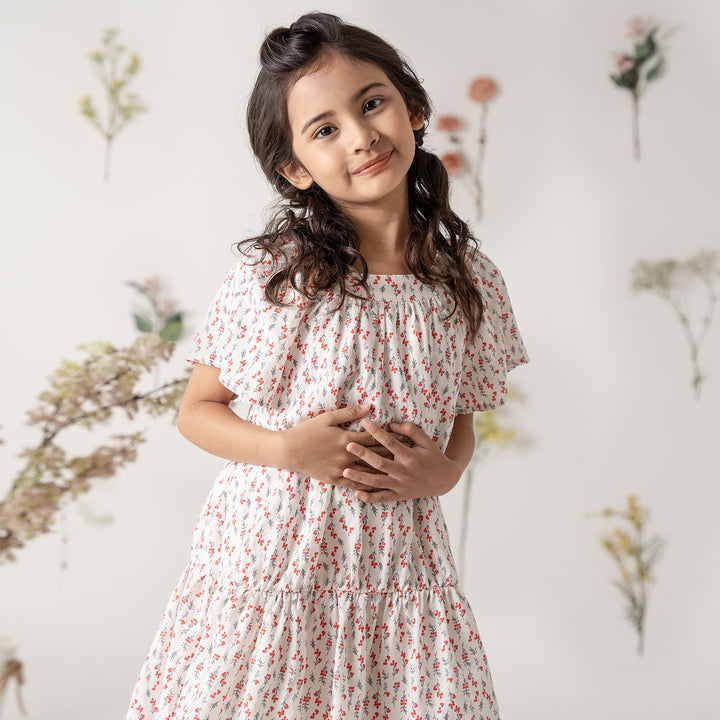 Poney Girls White Floral Printed Dress
