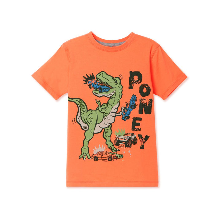 Poney Boy Dinosaur Attacking Trucks Orange Short Sleeve Tee