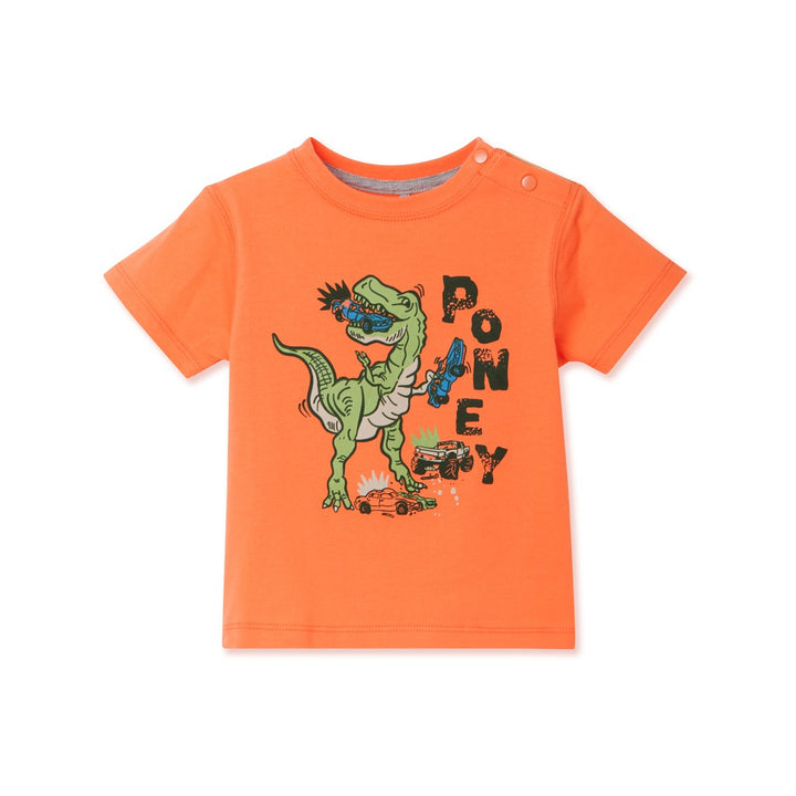 Poney Boy Dinosaur Attacking Trucks Orange Short Sleeve Tee