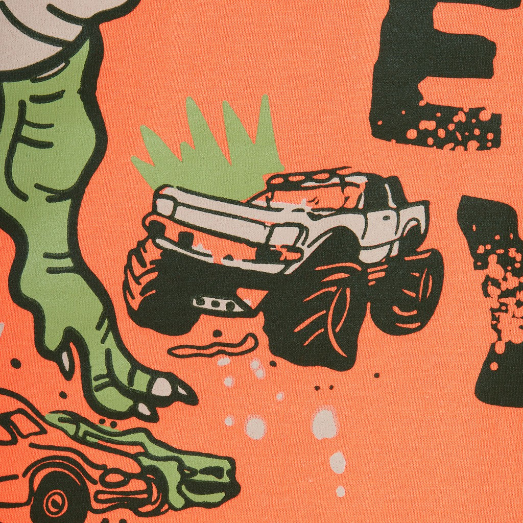 Poney Boy Dinosaur Attacking Trucks Orange Short Sleeve Tee
